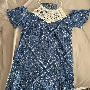 BLUE AND WHITE OFF THE SHOULDER DRESS